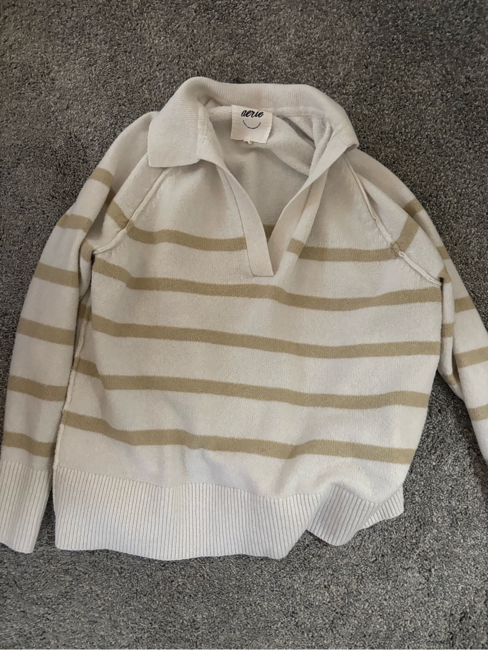 aerie Cream and Tan Striped V-Neck Polo Sweater